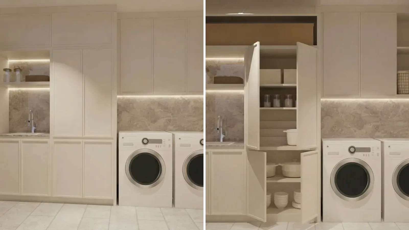 Cream utility wall shown twice, closed on the left and on the right with the tall pantry pull-out open beside the laundry appliances