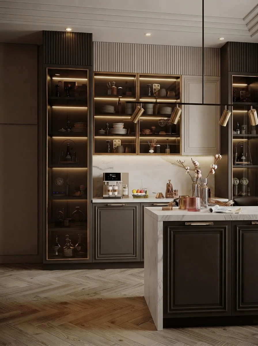 Tall dark pantry cabinet with interior lighting and glass doors beside a marble kitchen island