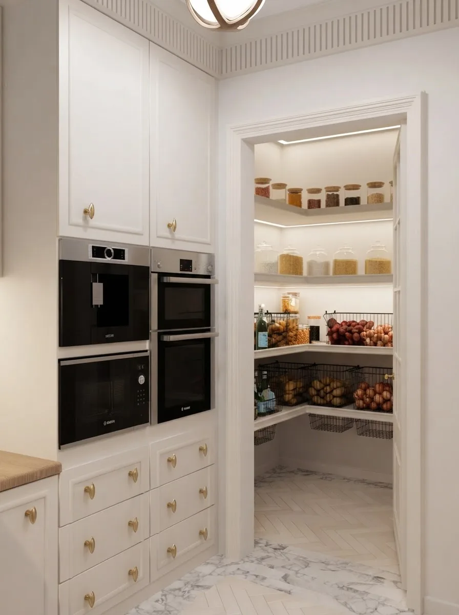 Corner walk-in pantry with white shelving stocked with jars and produce seen from the kitchen doorway
