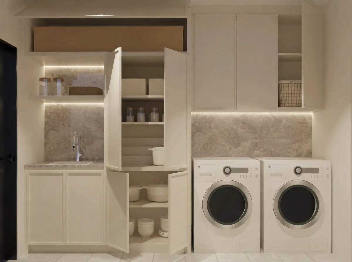 Cream kitchen cabinet wall with a tall pull-out pantry open, showing full-extension wire shelves beside a concealed laundry pair