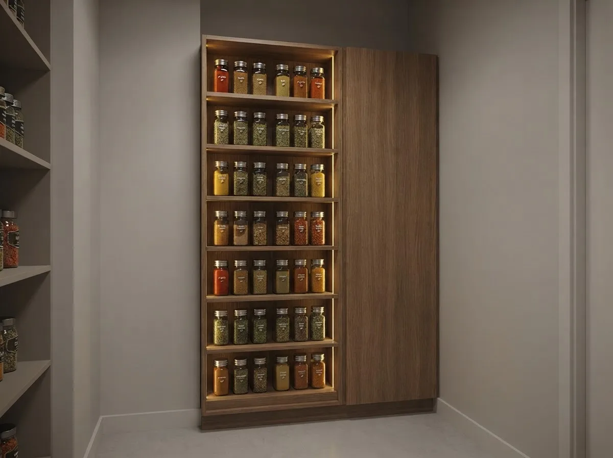 Recessed spice rack wall in an oak pantry holding rows of small labeled jars at a single-jar depth
