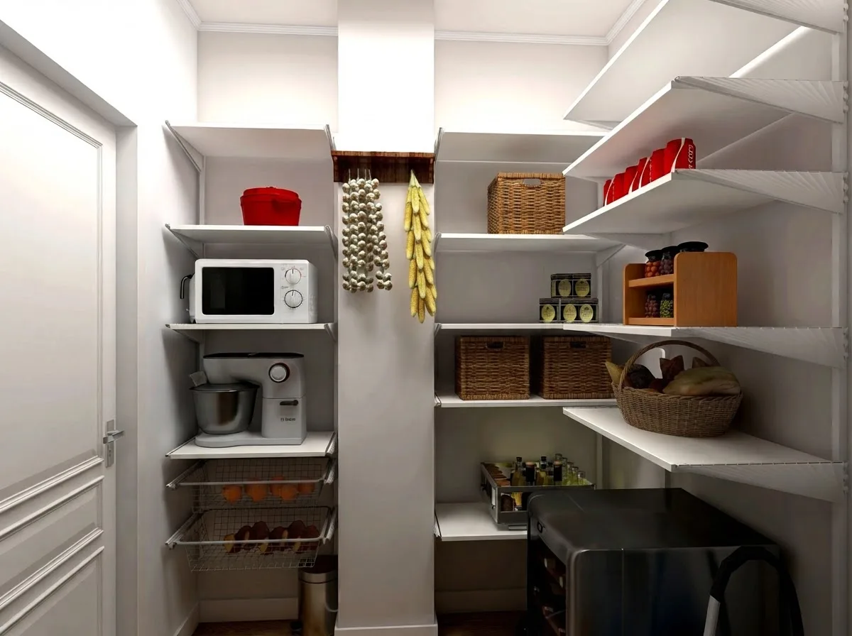 Corner of a small white walk-in pantry with the microwave and stand mixer parked on a counter-height shelf