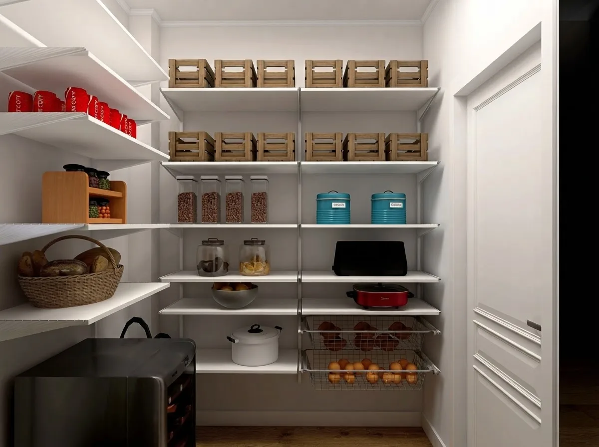 Compact white walk-in pantry off a kitchen with wire and board shelving stocked with baskets, jars and appliances