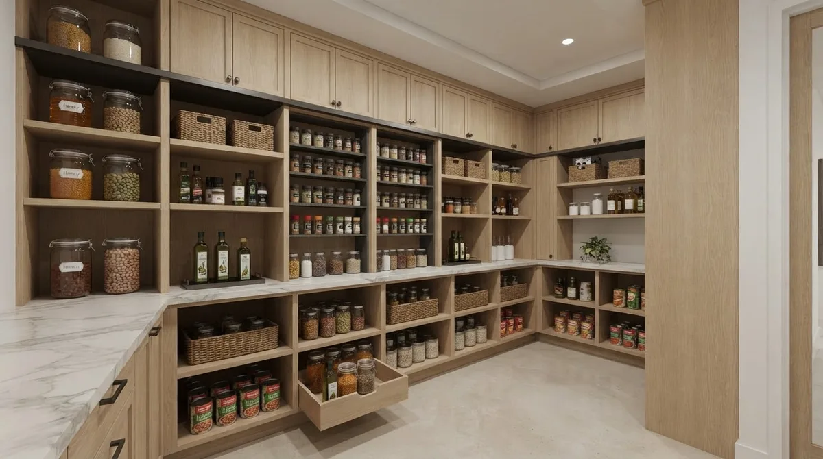 Oak walk-in pantry corner with a marble counter, open shelving above and jars grouped along the wall