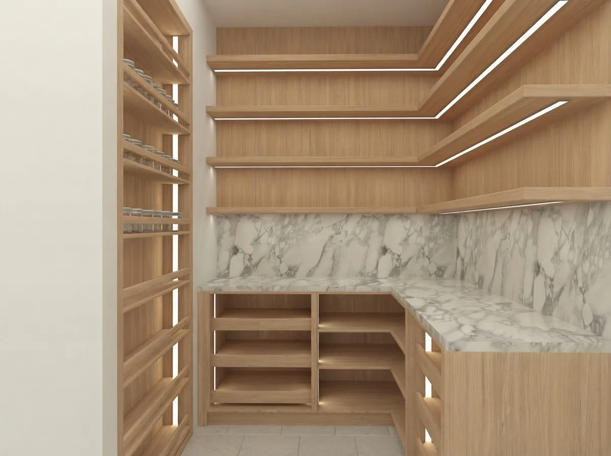 Empty oak walk-in pantry with adjustable shelving on three walls and a marble counter, ready to be zoned