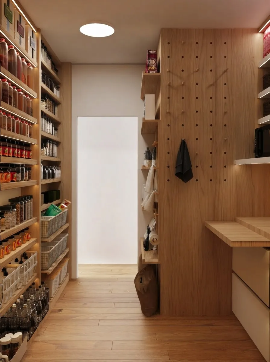 Detail of a wooden walk-in pantry corner with a built in step stool, side wall hooks holding towels and baskets on the floor