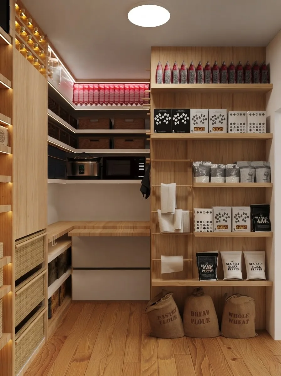 Organized walk-in pantry in warm wood with labeled white bins on the lower shelves, grouped jars and boxes above and a clear walkway