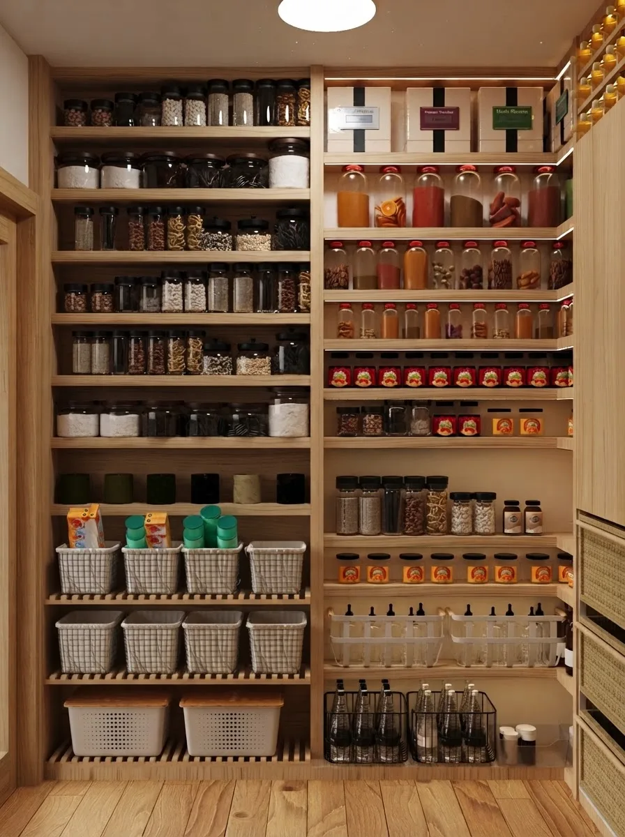 Tall stocked walk-in pantry with wood shelving, a pegboard side wall and groceries grouped by type