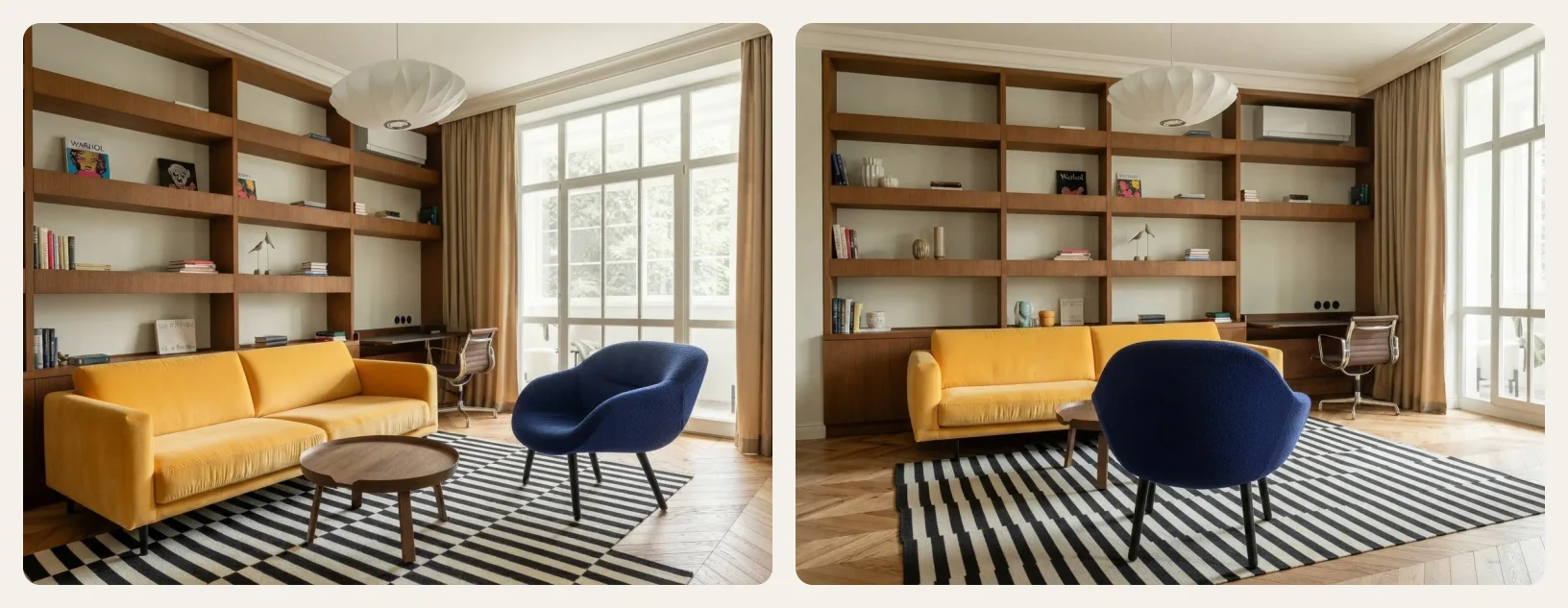 The same living room shown twice side by side, with the yellow sofa against the wood shelving wall and the blue armchair by the window on the left, and the armchair pulled across to face the sofa over the coffee table on the right