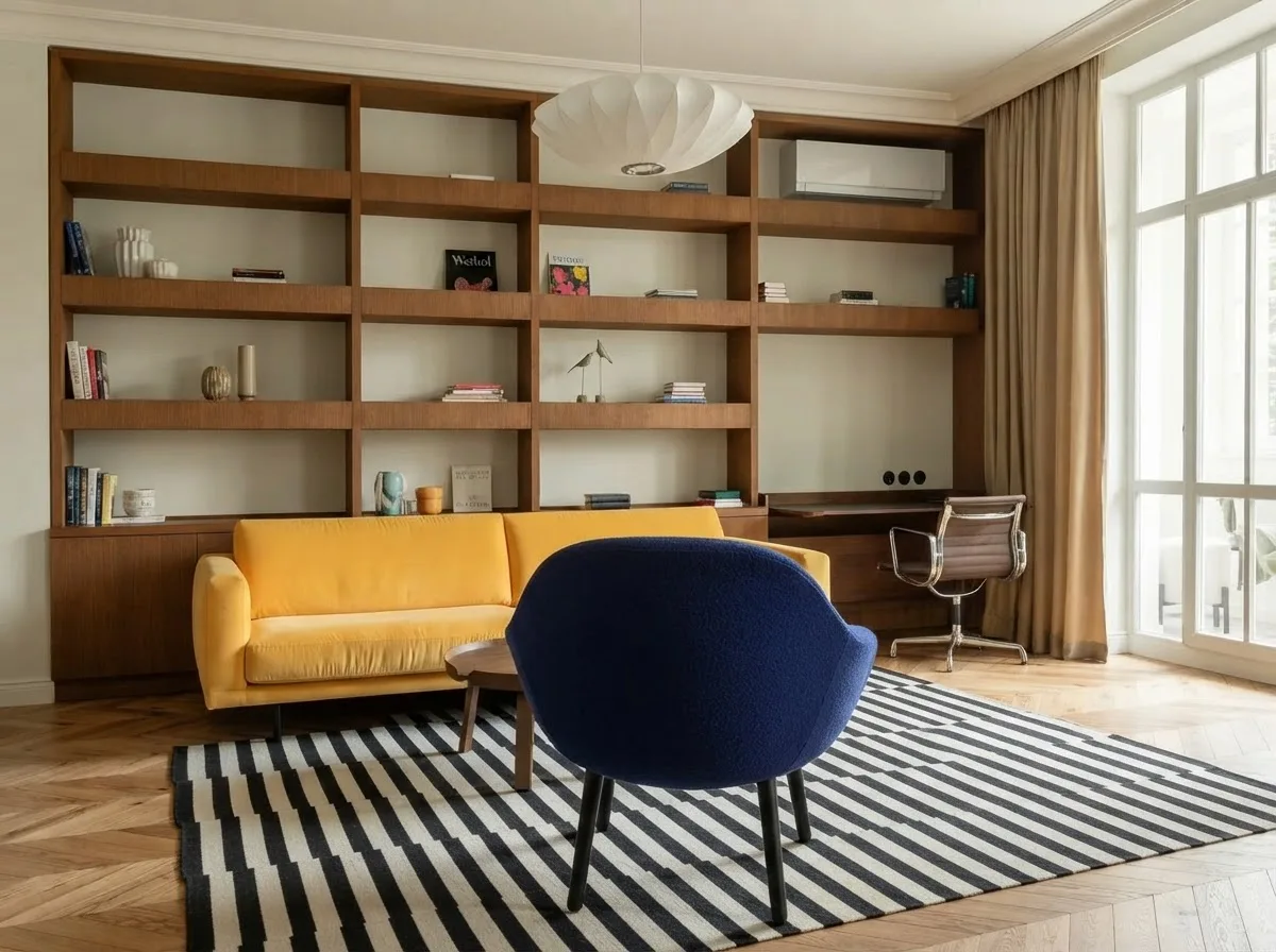 The same living room with the blue armchair moved to the near side of the rug, its back to the camera, facing the yellow sofa across the round coffee table