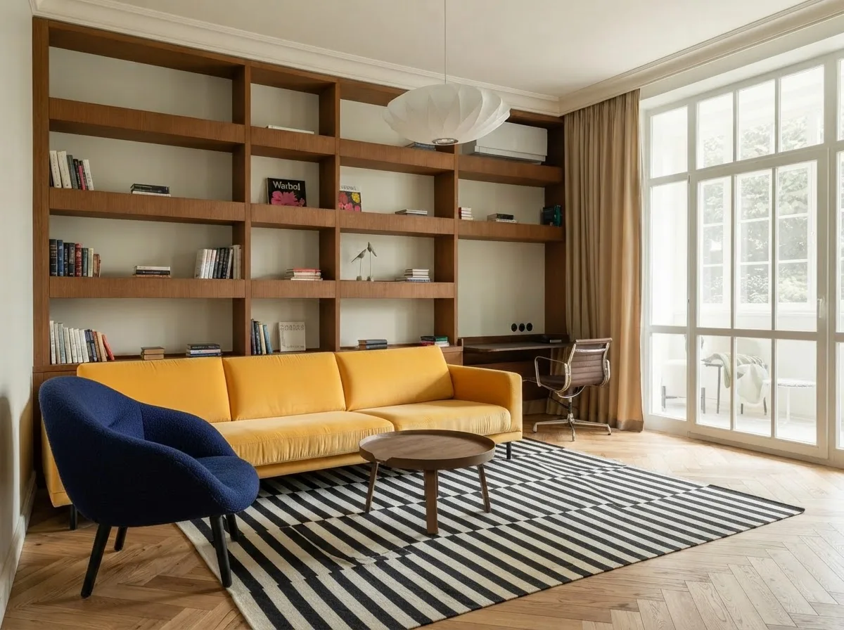The same living room with the yellow sofa along the shelving wall and the blue armchair at a right angle to it against the left hand wall, forming an L around the corner of the rug