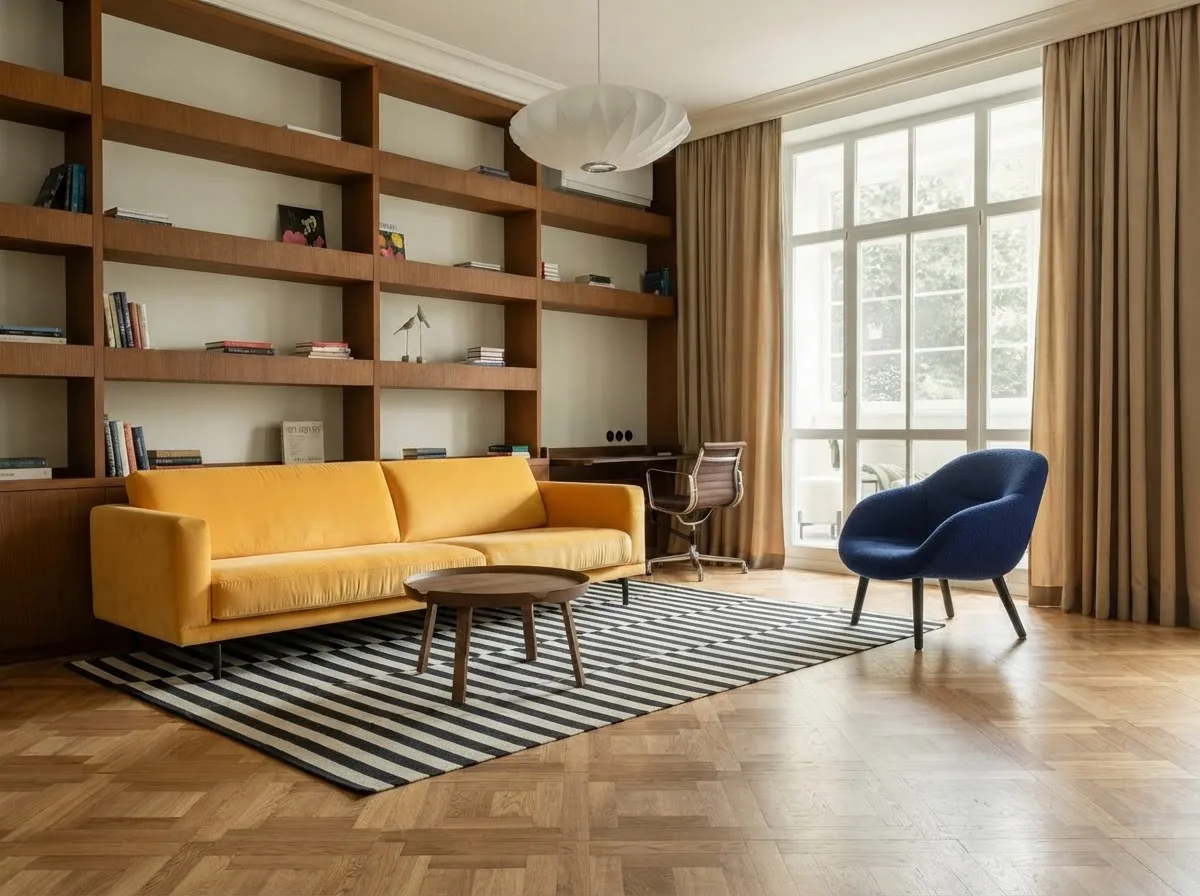 The same living room with the sofa pushed tight against the shelving wall, the armchair tucked into the far corner beside the window, and the entire foreground bare parquet floor