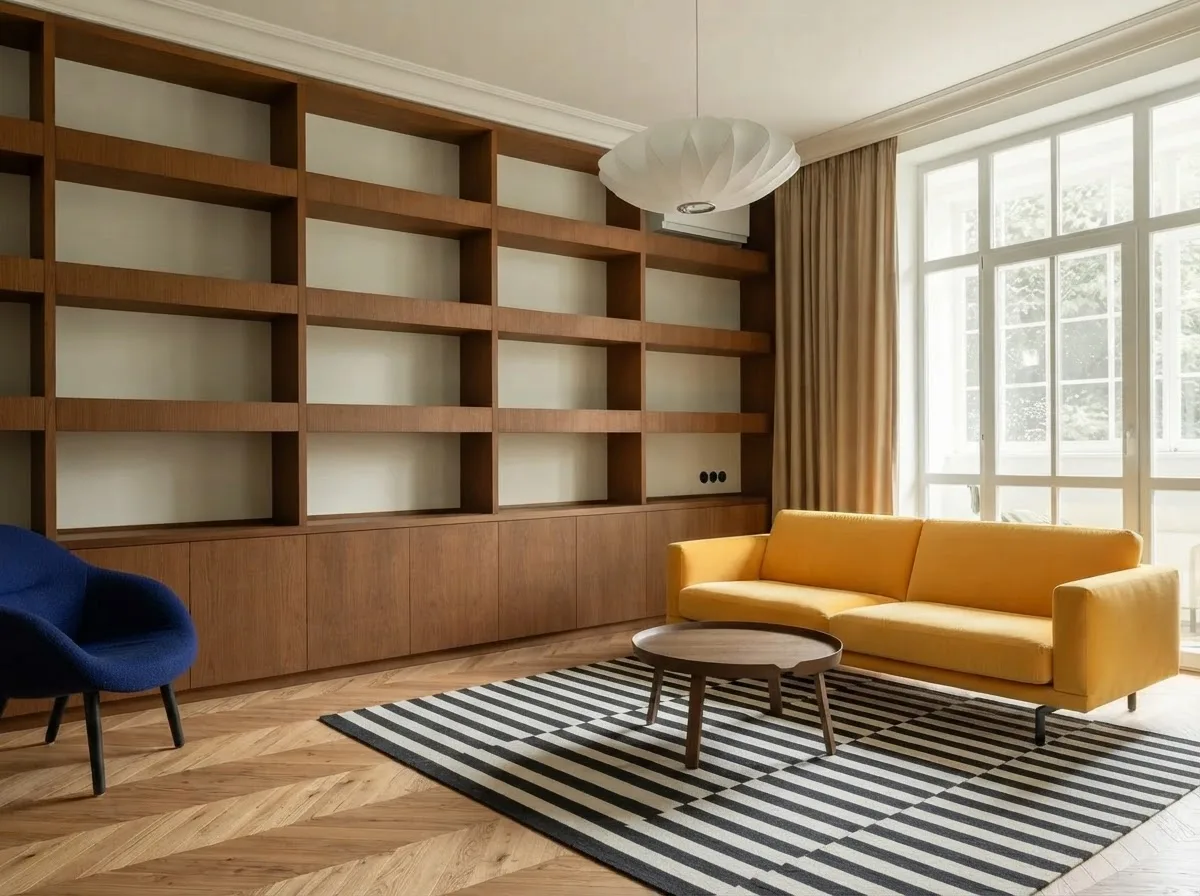 The same living room with the yellow sofa moved to sit in front of the tall window facing back into the room, leaving the entire wood shelving wall clear