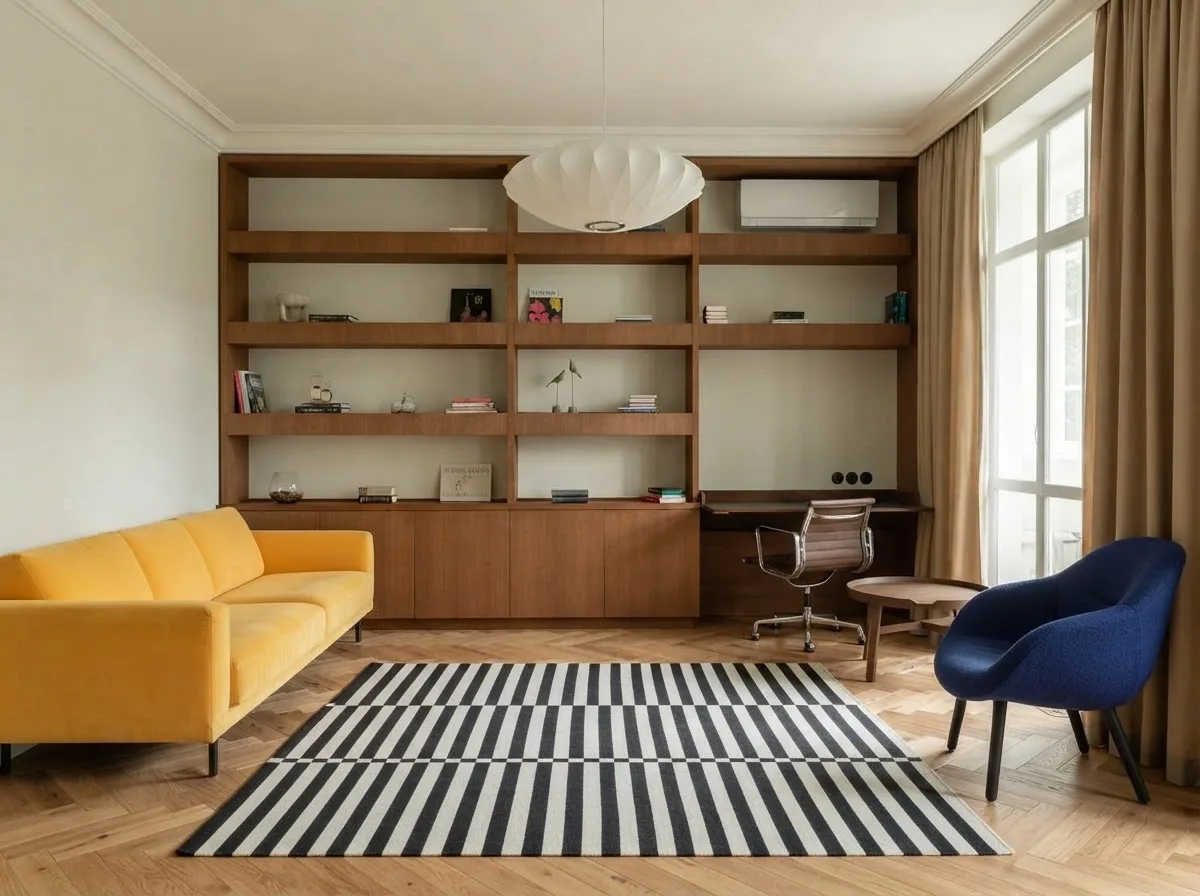 The same living room with the sofa pushed flat against the left wall, the armchair flat against the right wall, a large empty gap through the middle of the room and the striped rug sitting alone in the centre touching no furniture