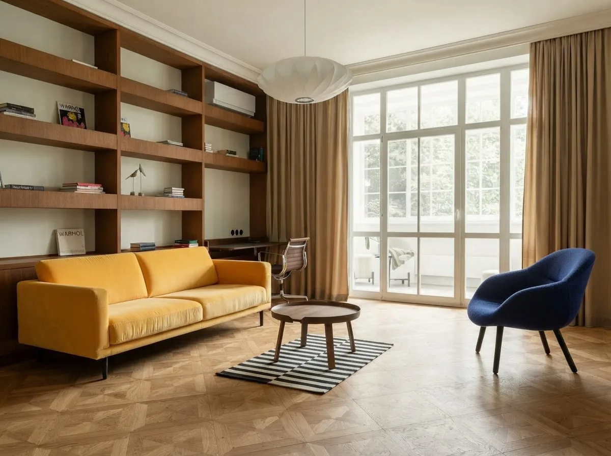 The same living room with a small striped rug floating in the middle of the parquet floor, not reaching any furniture leg, with the sofa and armchair standing away from it on bare floor