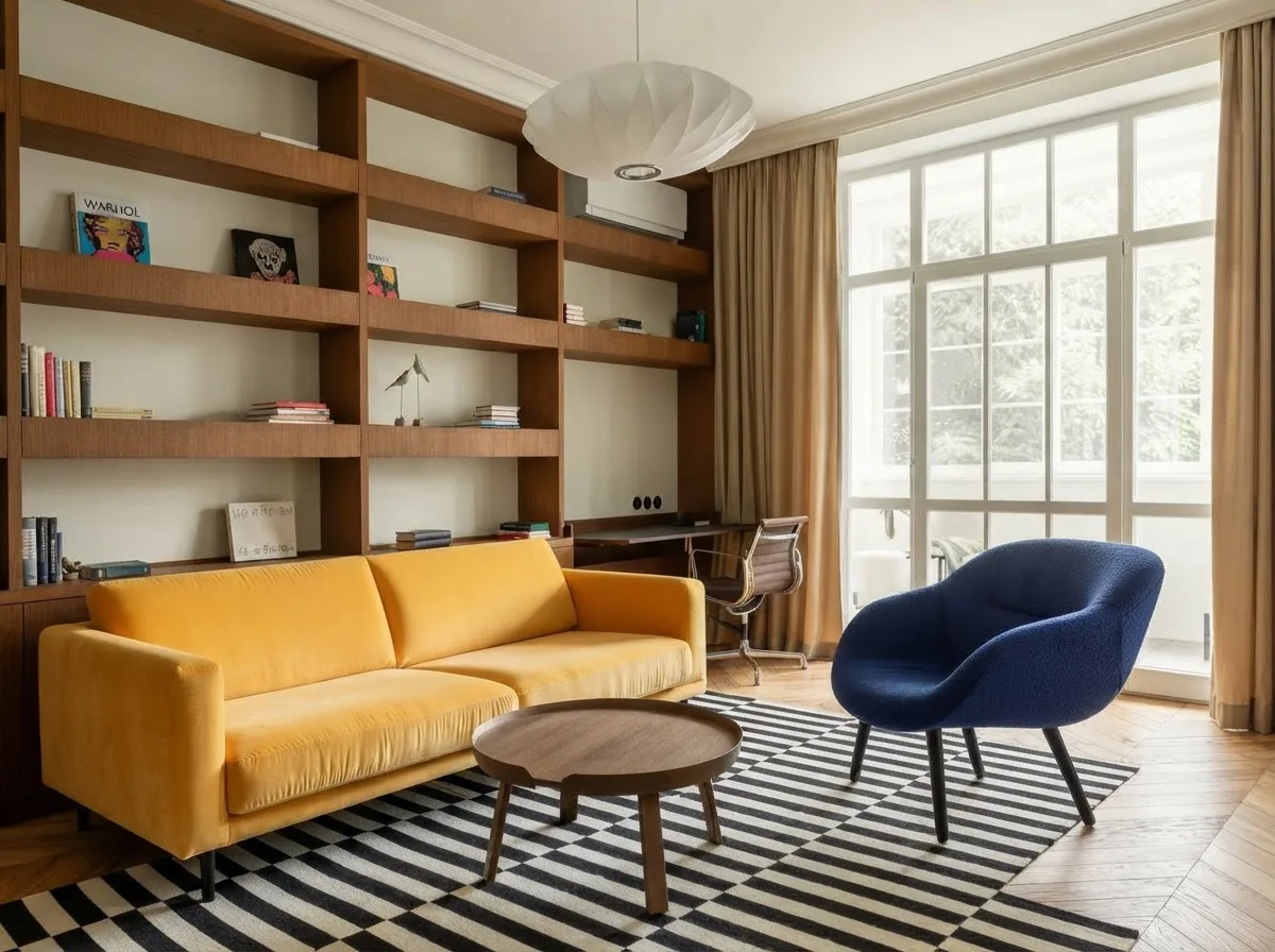 Living room with a yellow three seat sofa against a built in wood shelving wall, a blue armchair by the tall window, and a round wooden coffee table on a black and white striped rug