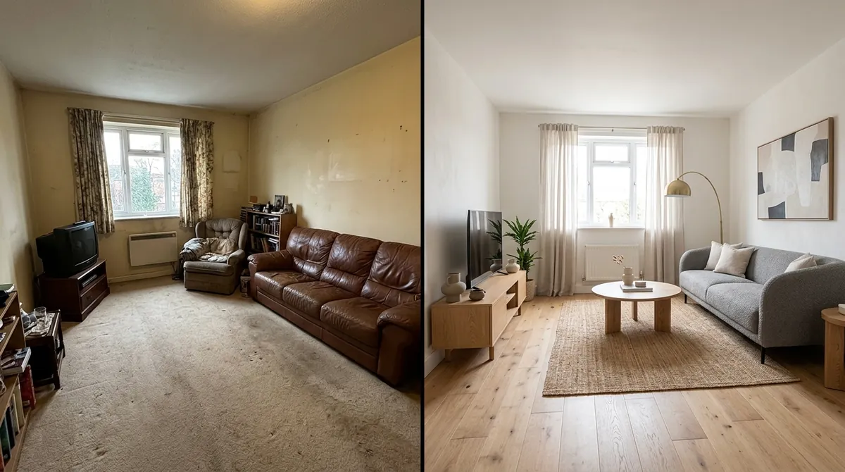 Before and after of the same living room: on the left a dated, dim room with a worn brown leather sofa and floral curtains; on the right the same room with the same window redesigned in a bright Scandinavian style with a grey sofa, oak floor and jute rug