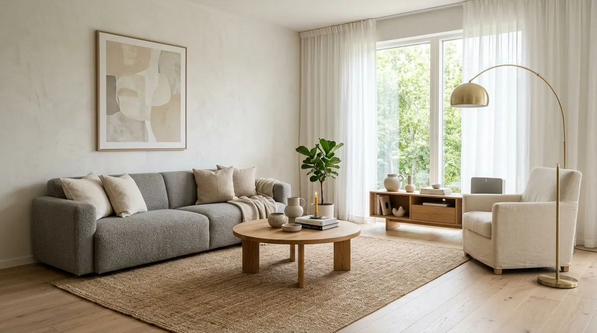 Nano Banana Pro render of a warm Scandinavian living room with a low grey boucle sofa, round solid-oak coffee table, cream linen armchair, jute rug, oak media console and brushed-brass arc floor lamp in bright natural daylight