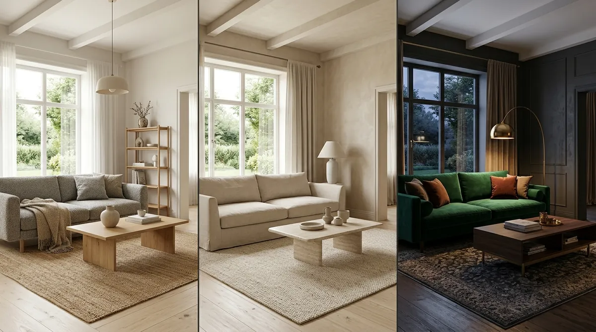 The same living room shown in three Nano Banana Pro redesigns side by side: warm Scandinavian, warm minimalist and dark moody, with the layout and window kept identical across all three