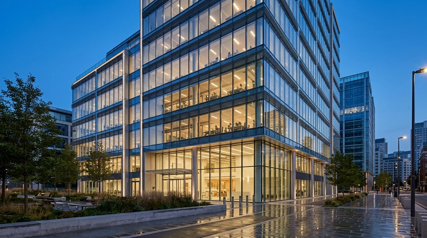 The same office building rendered by AI as a photorealistic blue-hour commercial visualization with warm interior office lights, glass reflections and a wet reflective plaza, the building form preserved exactly