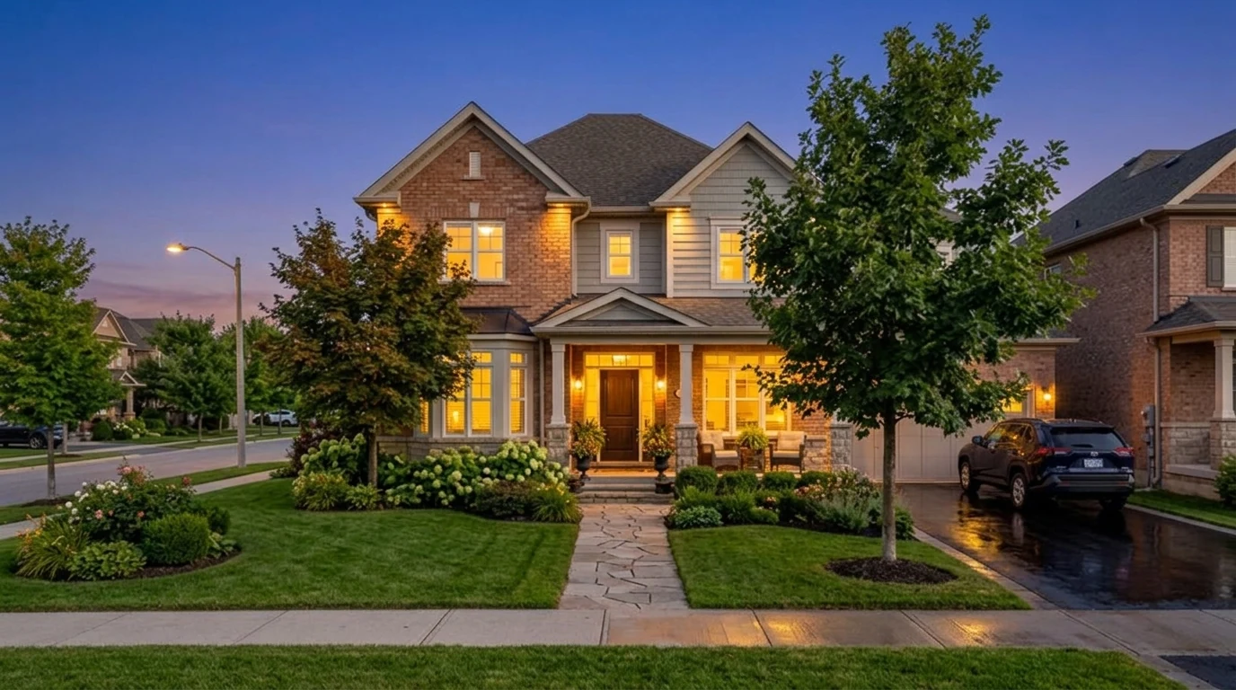 The same house rendered by AI as a polished twilight architectural visualization with warm lights glowing in the windows, a deep dusk sky and a wet reflective driveway, the building form preserved exactly