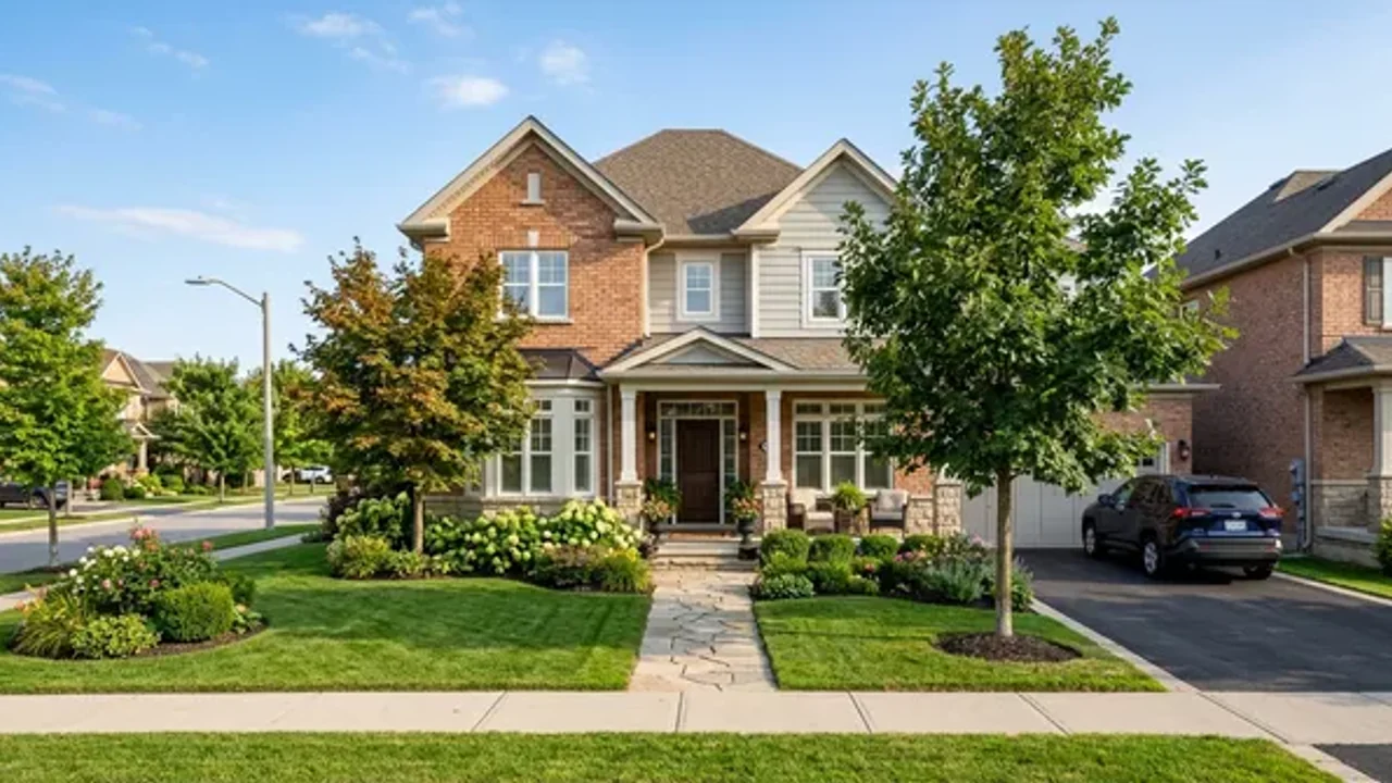 A flat, ordinary daytime real-estate photo of a two-storey brick suburban house, the kind of input photo you would feed an AI render tool