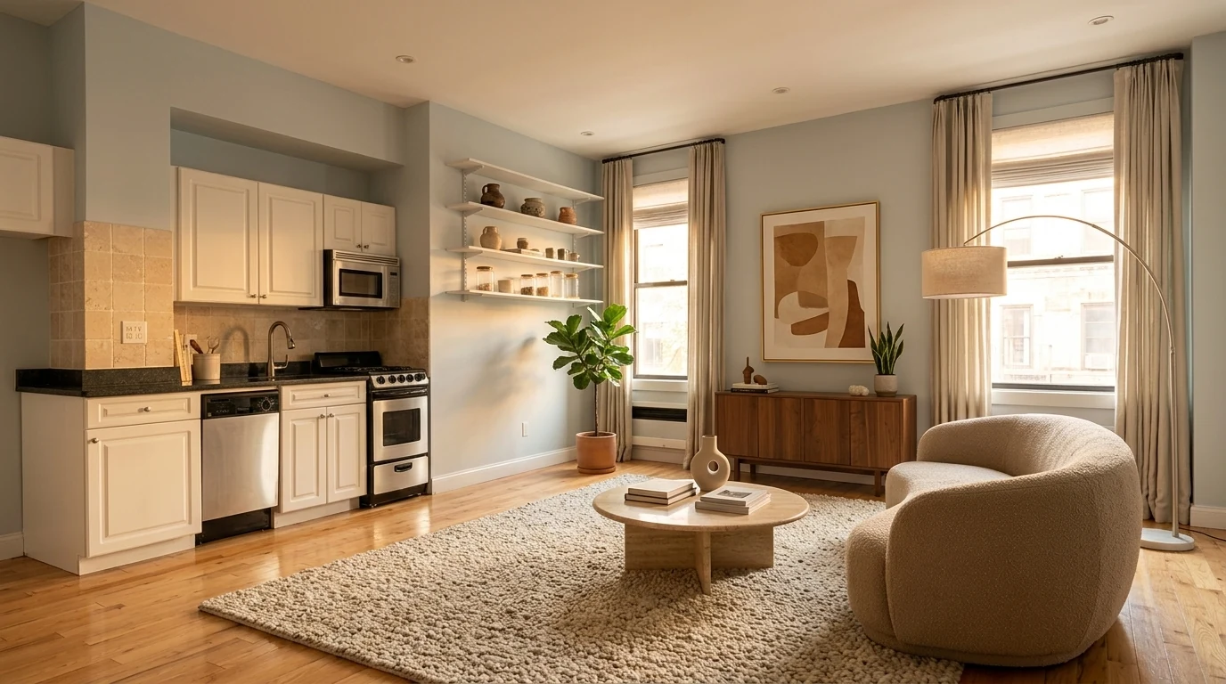 A warm, photorealistic AI render of a modern living room with a boucle chair, travertine coffee table, wool rug, walnut sideboard and golden evening light, generated from a photo of an empty room in about 20 seconds
