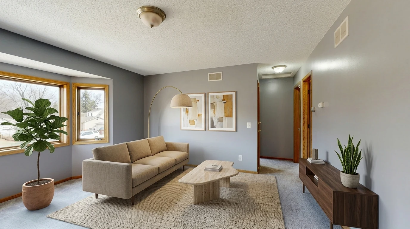 The same empty living room rendered by AI as a furnished modern space with a linen sofa, travertine coffee table, arc floor lamp, wool rug and art, with the exact same walls, bay window and doorway preserved