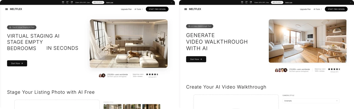 Screenshots of the MeltFlex virtual staging and AI video walkthrough tool pages, captured on 12 August 2026