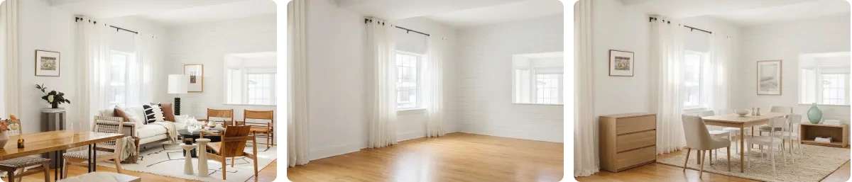 The same rental unit in three states: furnished while the tenant is still in it, then completely empty with bare boards, then relisted with a dining set, sideboard and artwork
