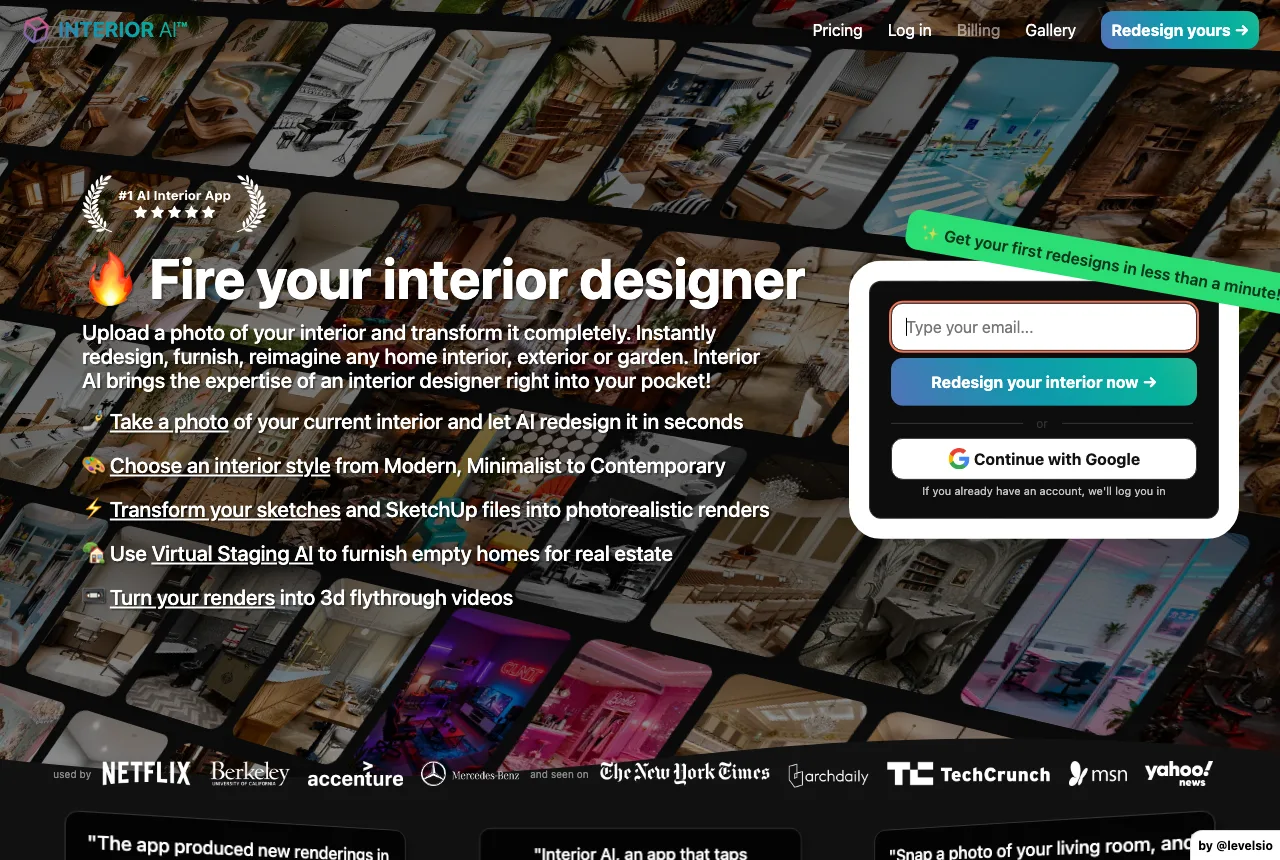 InteriorAI landing page with the headline fire your interior designer and a list of redesign features