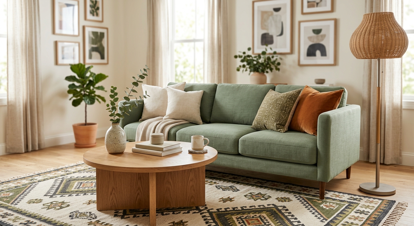 A styled living room redesign with a sage green sofa, round oak coffee table and patterned rug, where each piece links to a real shoppable product with a price