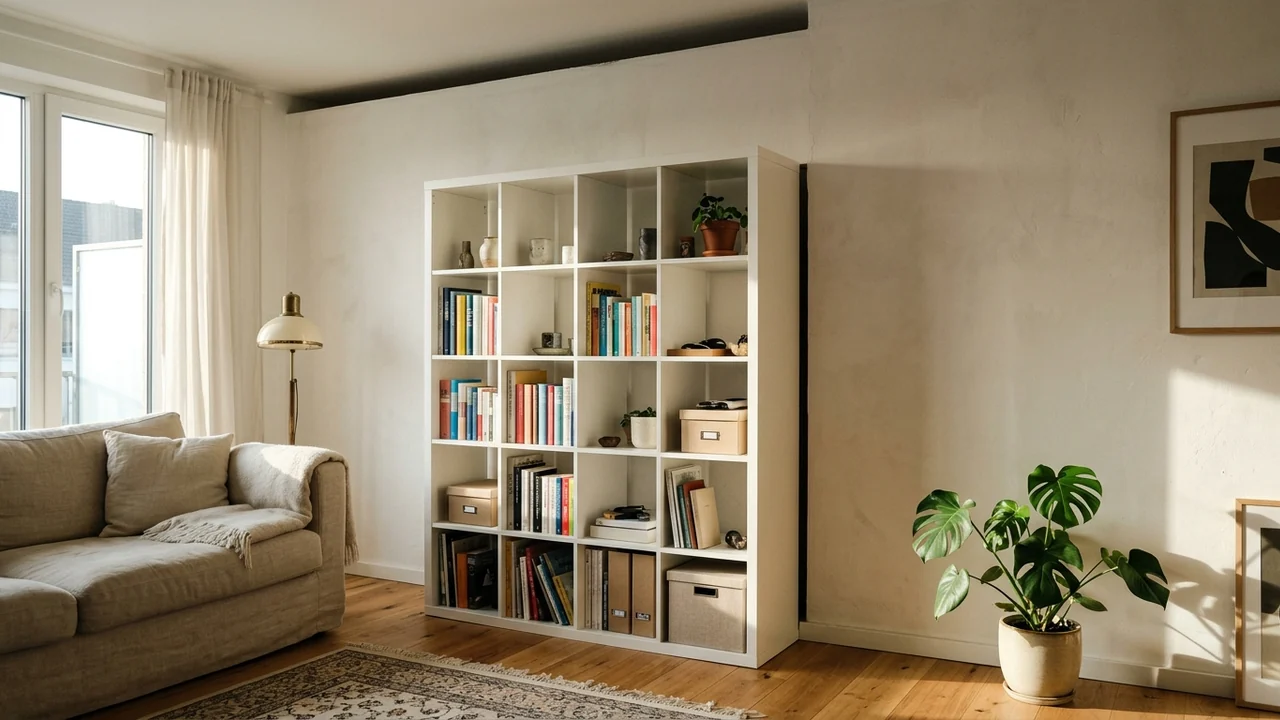 Plain white cube shelving unit standing freestanding against a living room wall with a dark shadow gap to the ceiling, a visible gap to the side wall and no baseboard, so it clearly reads as flatpack furniture rather than joinery