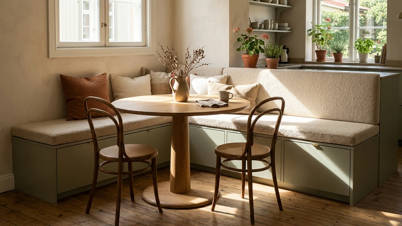 Kitchen dining corner with an L shaped built in banquette whose base is a run of low push open cabinet boxes, boxed in with painted panels and topped with an oatmeal boucle bench cushion, beside a round oak pedestal table in morning sun