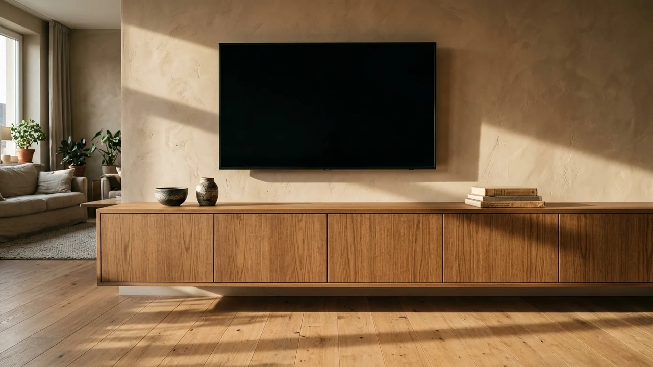 Living room media wall built from a row of low handleless cabinet boxes wall mounted and floating clear of the floor with a shadow gap beneath, smoked oak fronts against a limewashed clay wall under a wall hung television