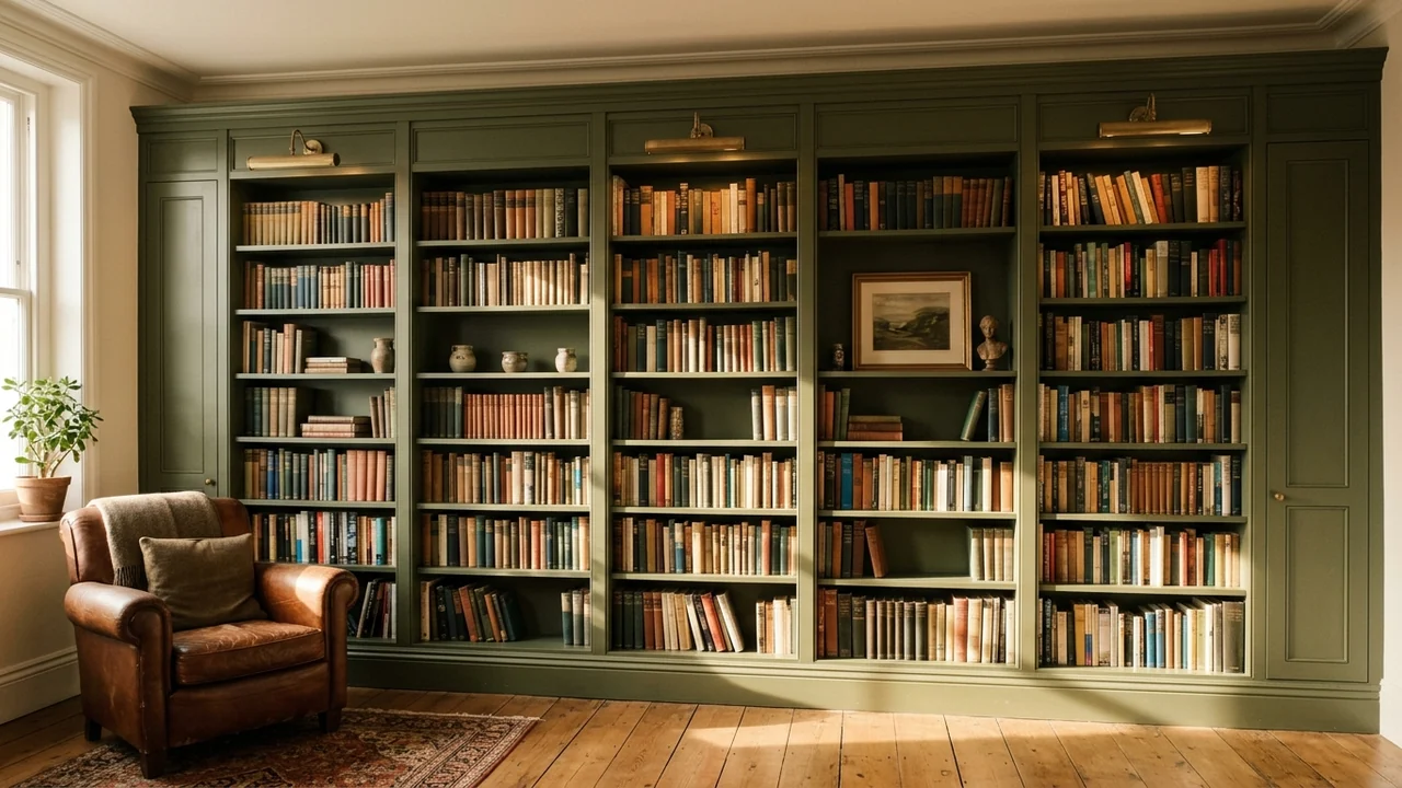 Study wall converted into a full height built in library from a run of tall narrow bookcases with stacked extension units, boxed in with painted fillers, header moulding and baseboard, all painted deep olive green including the shelf interiors