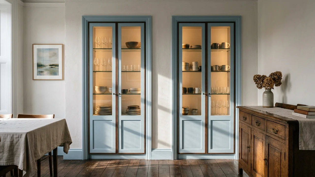 Dining room alcove with two tall narrow bookcases fitted with slim framed full height glass doors used as display cabinets for glassware and ceramics, carcasses painted chalky blue with warm internal lighting