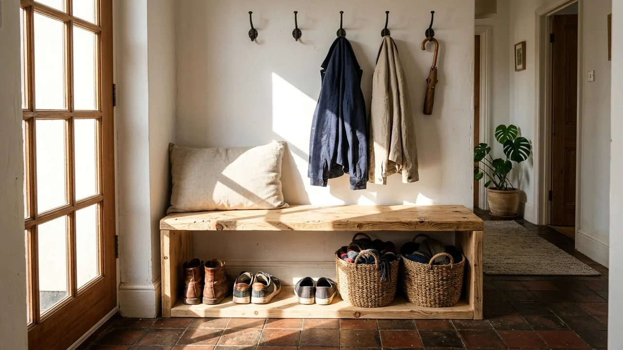 Entryway bench made from an untreated solid pine cabinet unit turned on its side with a thick pine slab seat, linen cushion and shoes and baskets stored underneath, with hard low sun through a door glass panel casting a crisp shadow across the pine