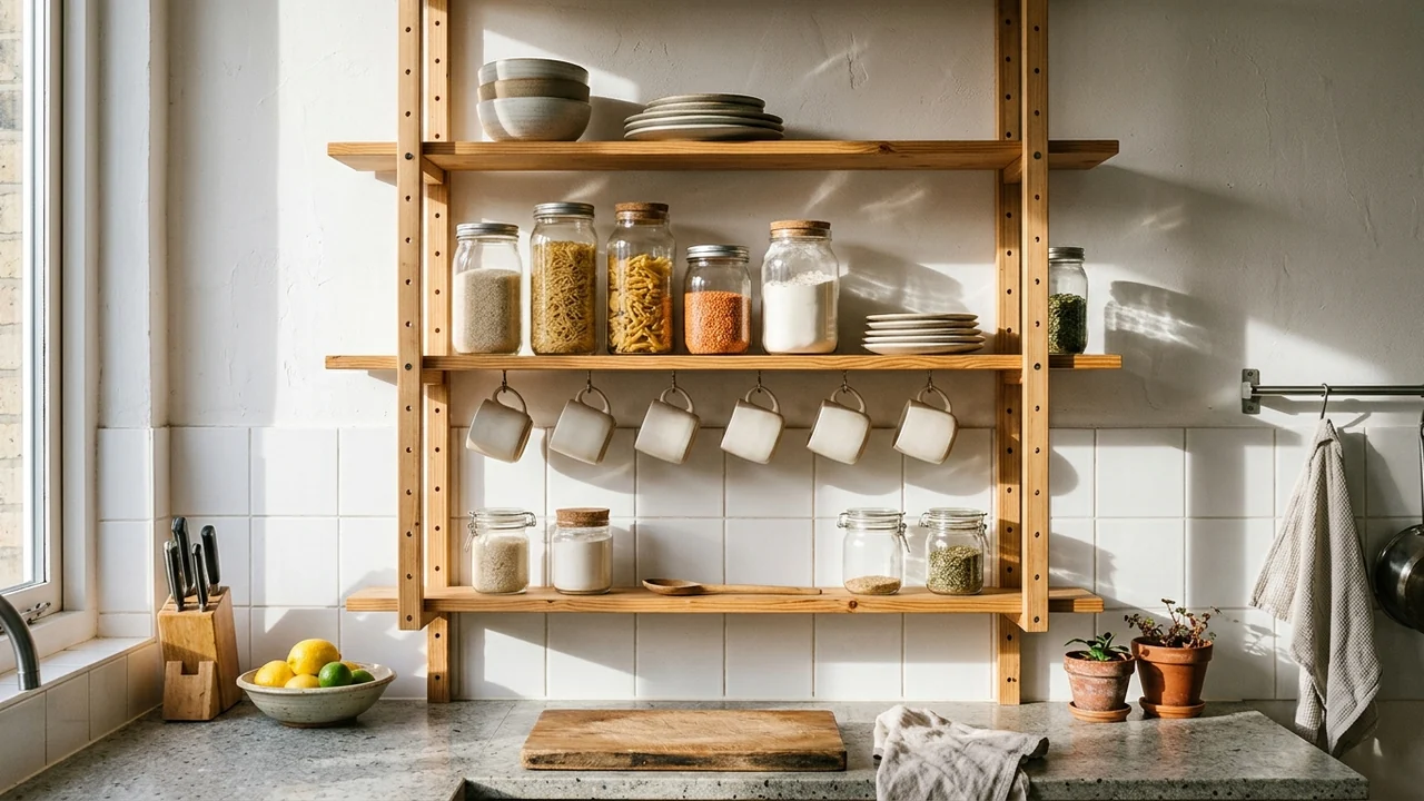 Kitchen wall with open shelving built from an untreated solid pine ladder shelving system sanded and waxed, holding stacked ceramic plates, plain glass jars of dry goods and mugs on hooks, with strong morning sun throwing long shadows across a white tiled splashback