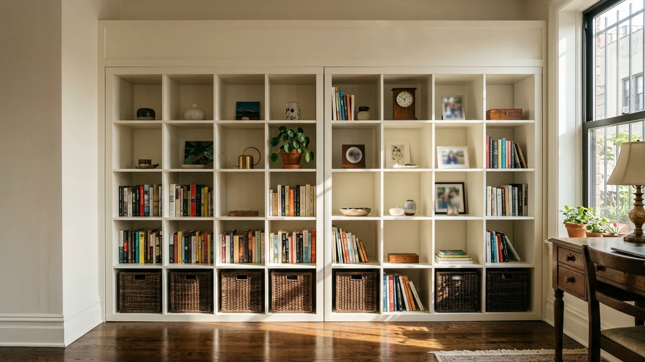 Two tall white cube shelving grids joined side by side and finished with painted filler strips, a ceiling header and baseboard so they read as fitted joinery, with morning window light casting long shadows