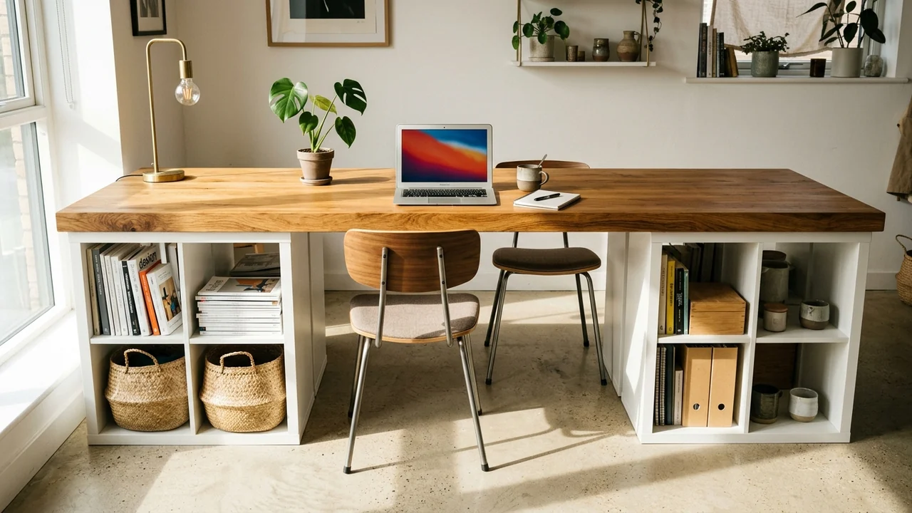 Long two person desk built from two white cube shelving units used as legs with a thick solid oak countertop spanning them, styled with books, baskets, a laptop and a task lamp in raking daylight