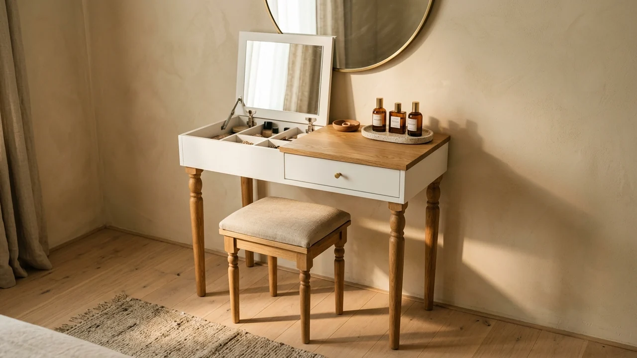 Bedroom vanity made from a slim white dressing table upgraded with turned solid oak legs, a warm oak top and brass hardware, set against a plaster wall with a round mirror above and a stool tucked under in low warm daylight