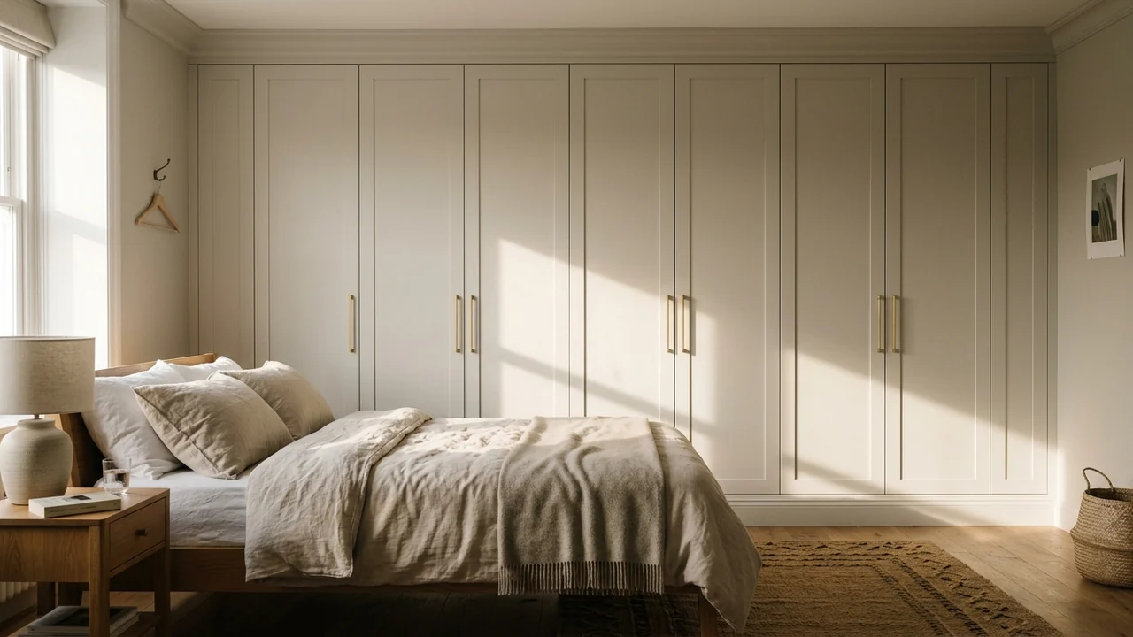 Wall to wall fitted bedroom wardrobe built from tall white modular frames with flat slab doors, finished with painted filler panels, a header board with crown moulding and matching baseboard, painted the same greige as the walls