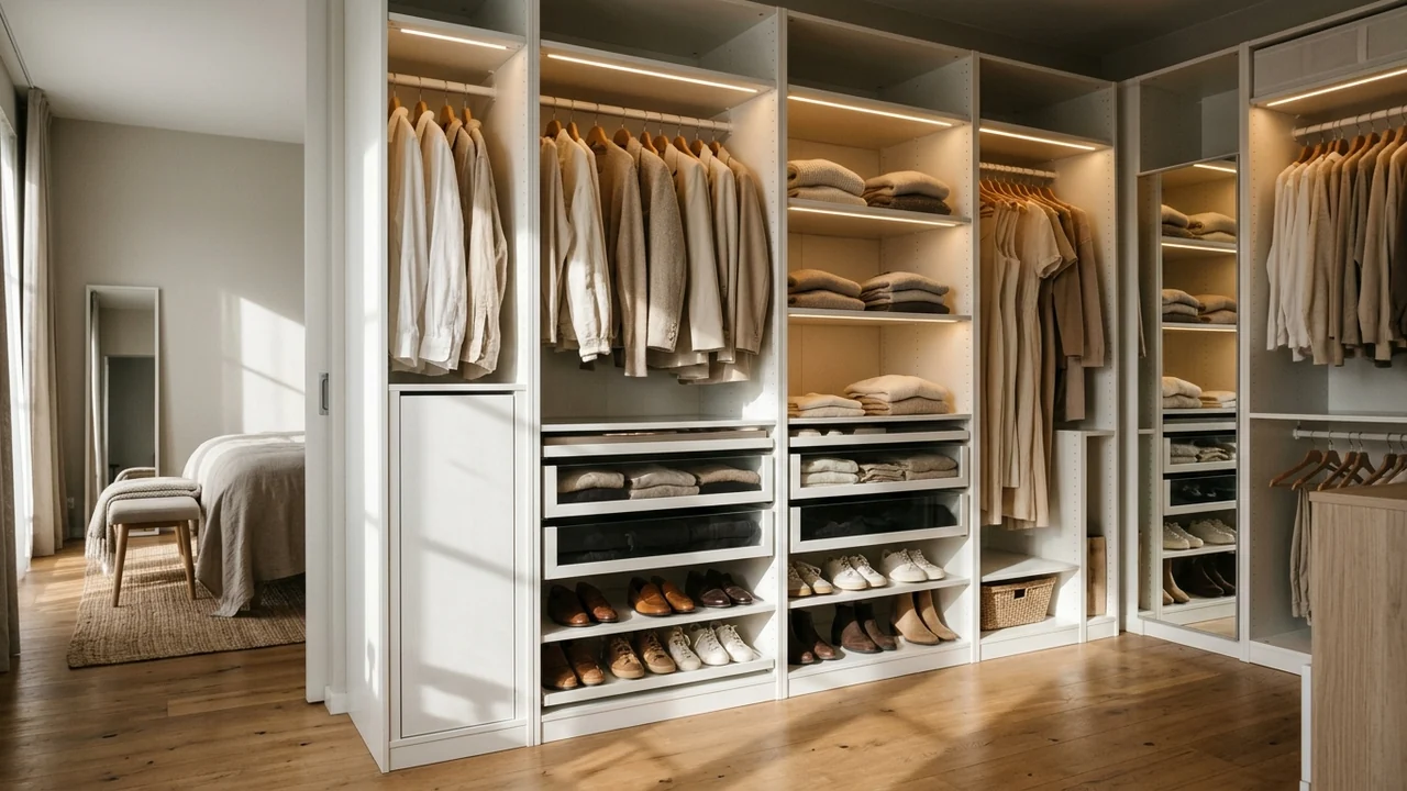 Open walk in dressing area built from tall white modular wardrobe frames with no doors, showing hanging rails with tonal clothing, folded knitwear on open shelves, glass front drawers and warm integrated shelf lighting