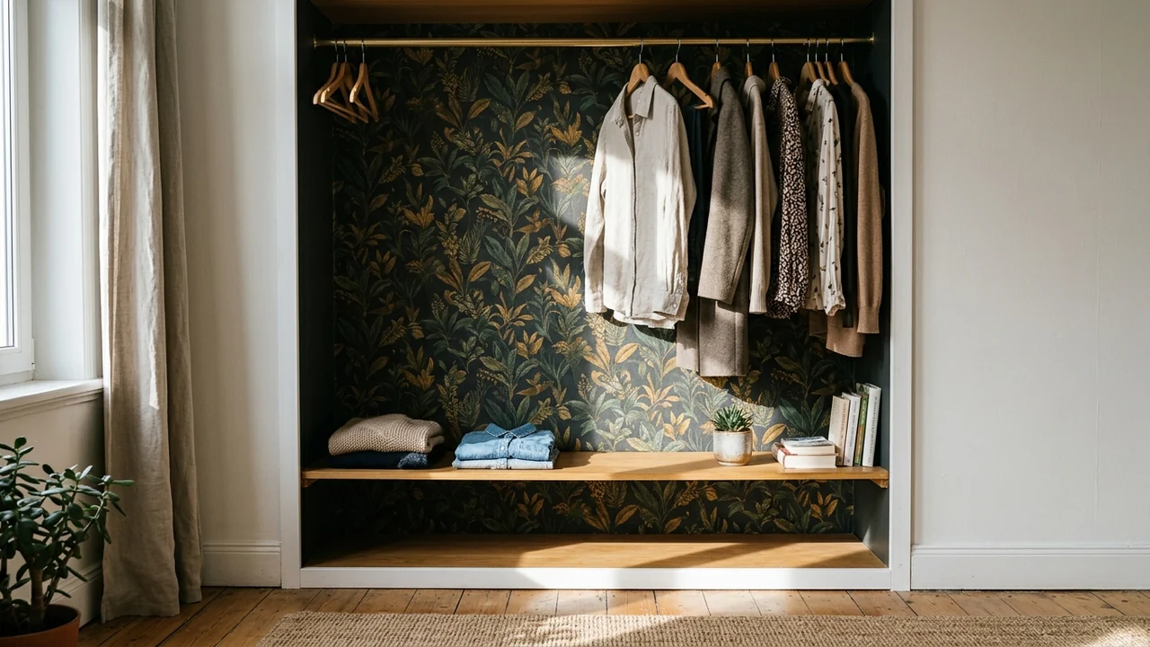Open modular wardrobe with its back panel lined in dark green and ochre botanical wallpaper, seen behind hanging clothes, brass rails and a warm oak shelf in raking side light