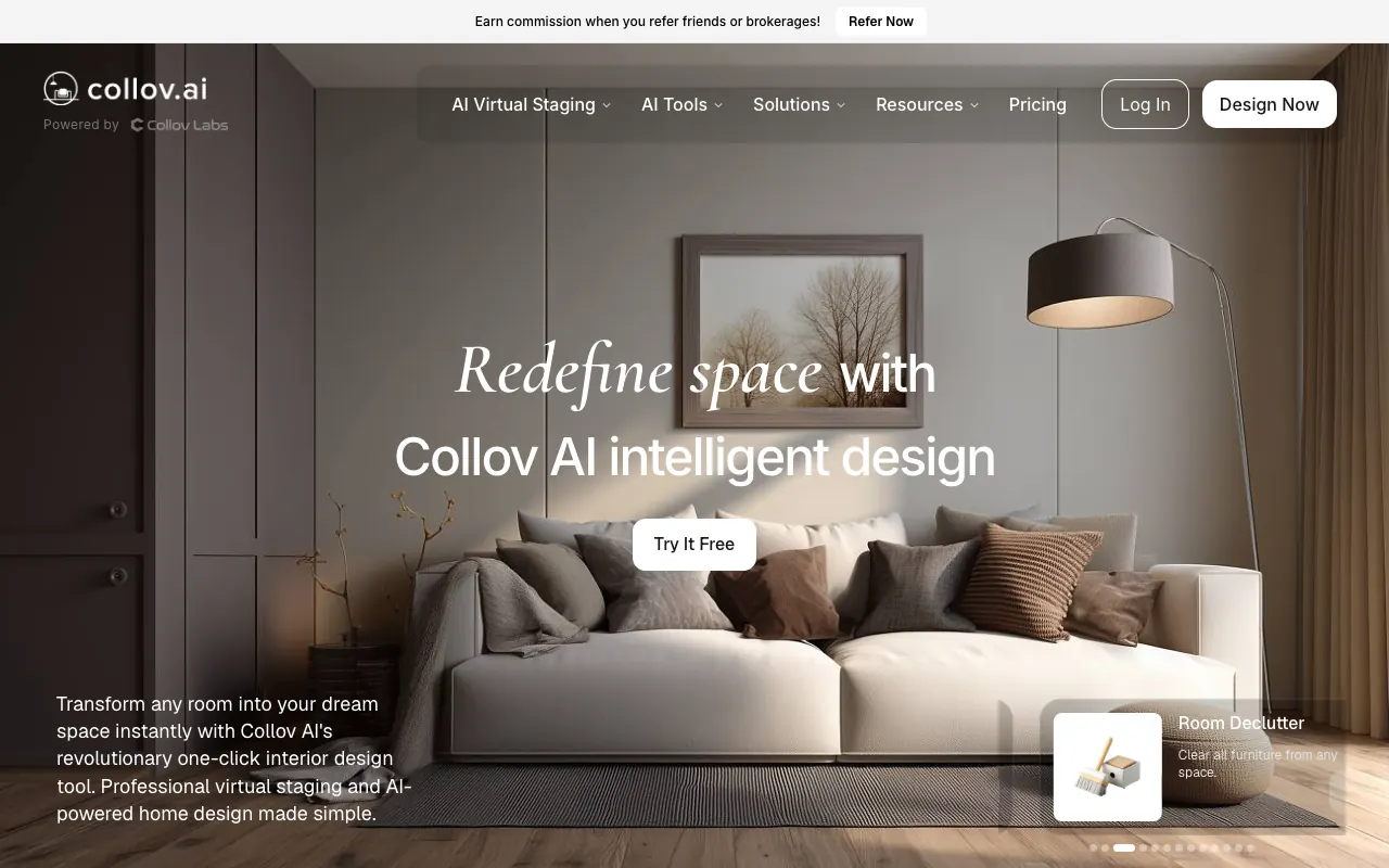 The Collov AI (collov.ai) landing page, an AI virtual staging tool bundling 360 tours and video walkthroughs for real-estate listings