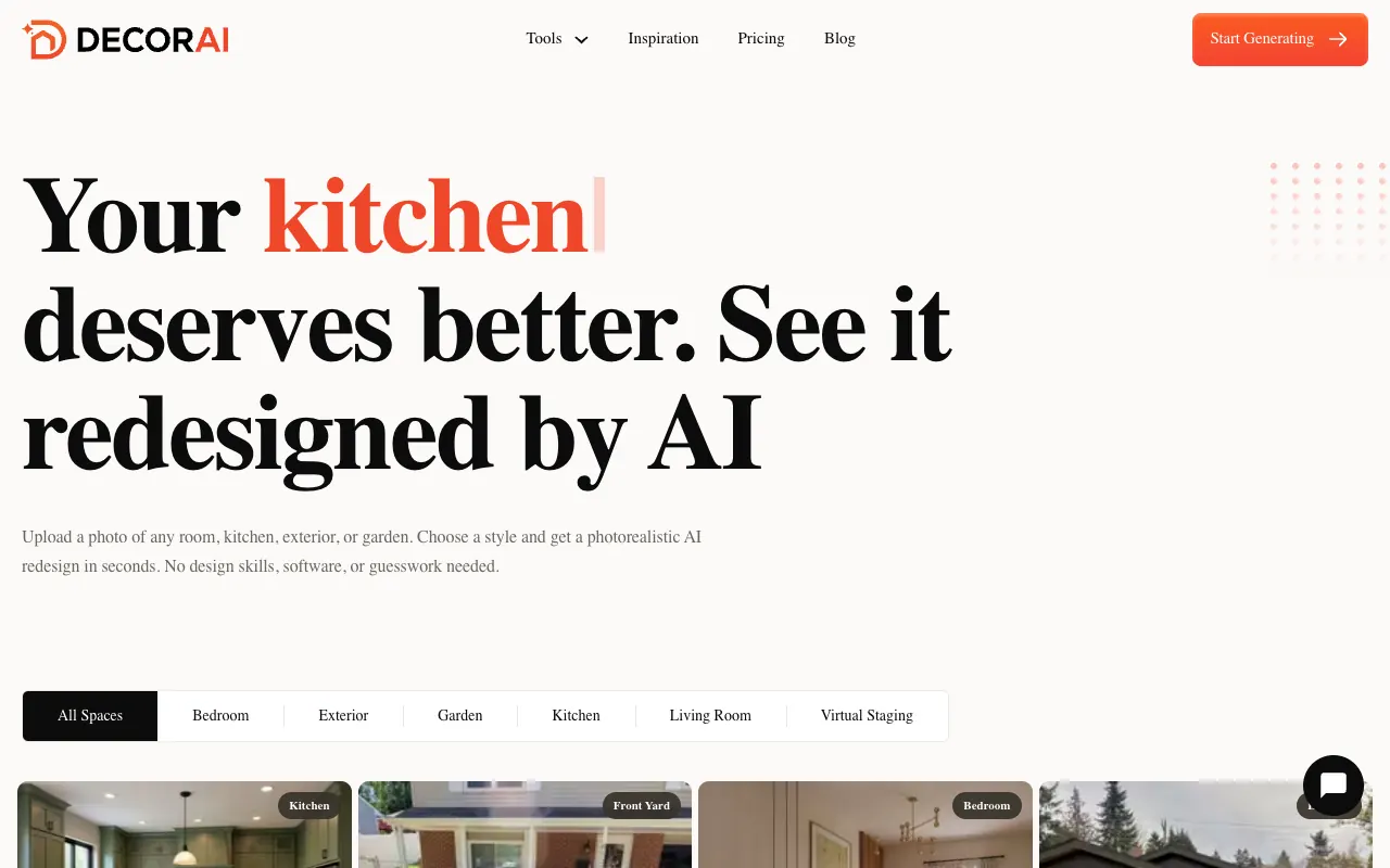 The DecorAI (decorai.io) landing page, an AI interior editor with brush-based inpainting, video and floor-plan-to-3D