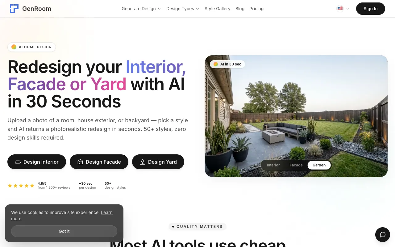 The GenRoom (genroom.io) landing page, a cheap one-off AI interior, exterior and yard redesigner sold as credit packs