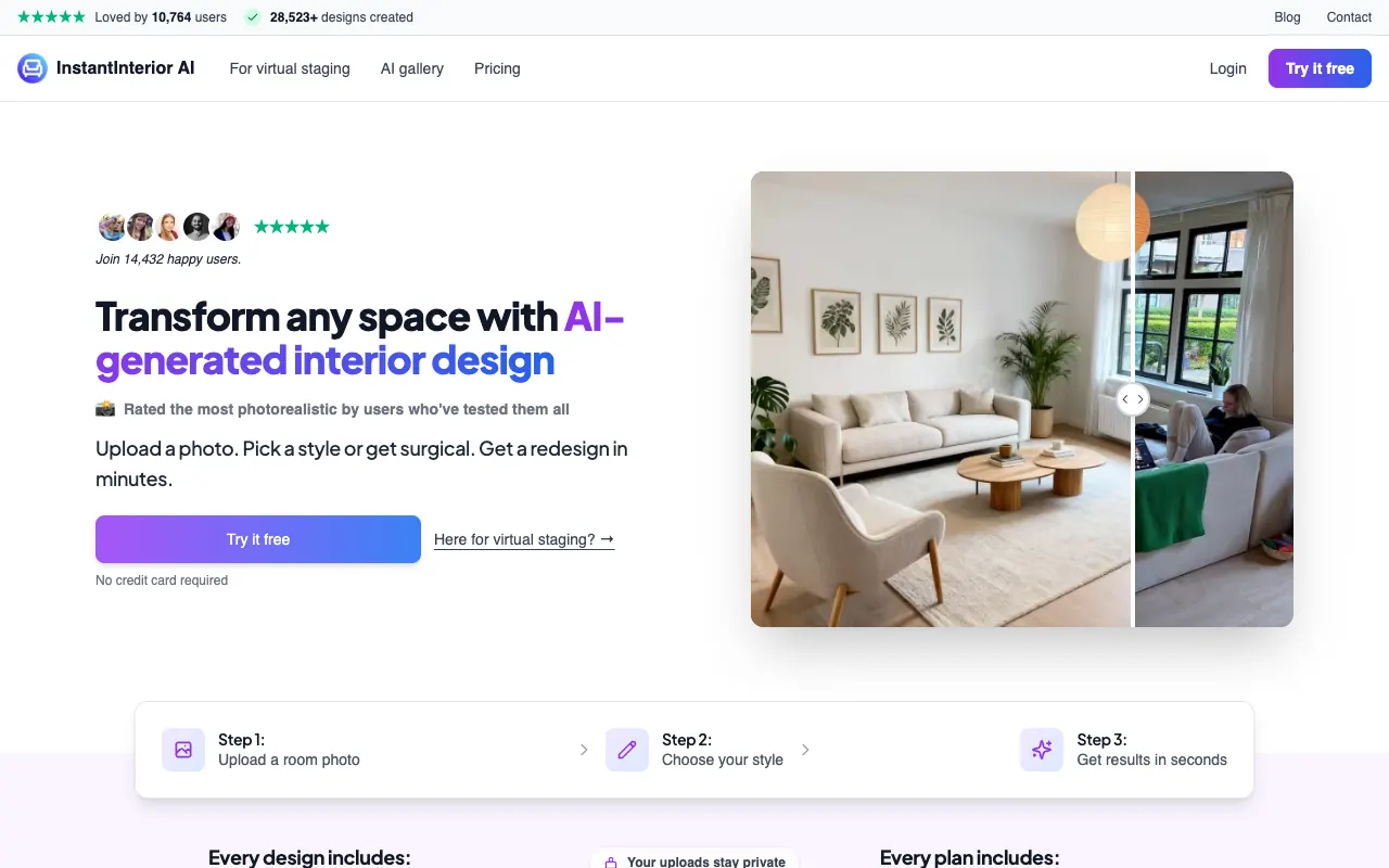 The InstantInterior AI (instantinteriorai.com) landing page, a budget high-volume AI interior staging tool
