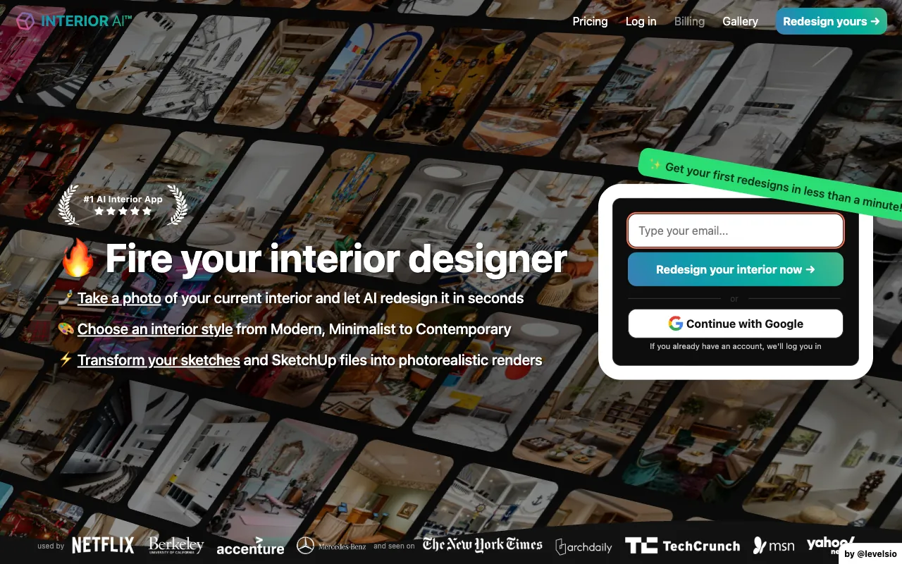 The Interior AI (interiorai.com) landing page, showing its photo-to-redesign and sketch-to-render features and its paid-only sign up